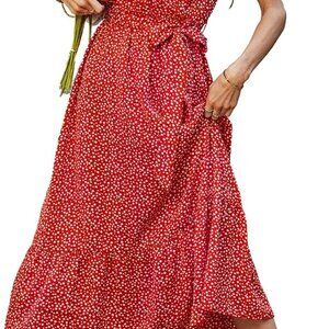 Women's Summer Floral Boho Maxi Dress V Neck Ruffle Short Sleeve A-Line